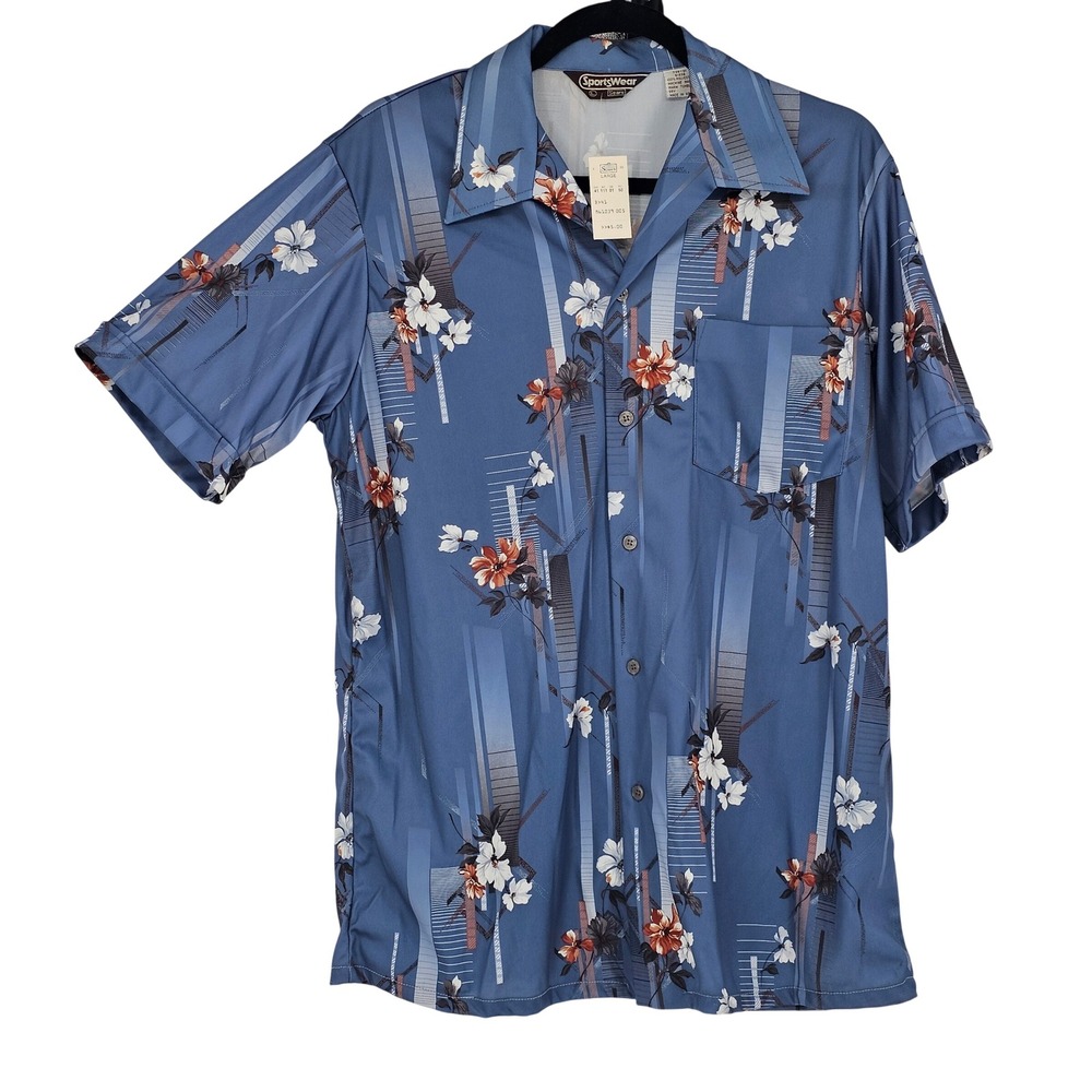 Vintage 70s Sears SportsWear Hawaiian Shirt Mens L Blue Floral NWT Deadstock